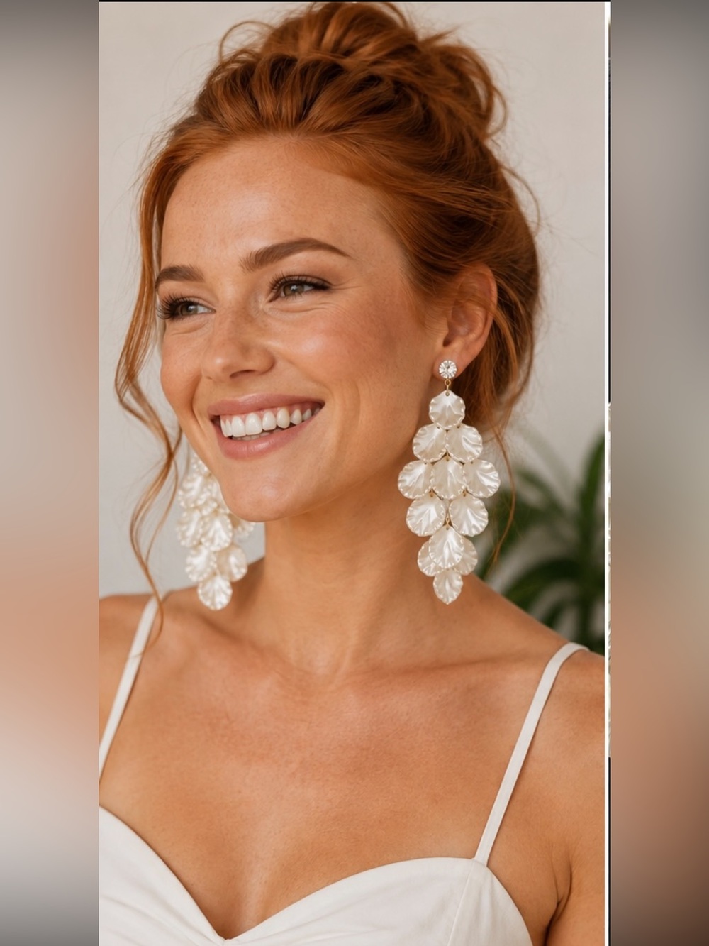 Statement Floral Drop Earrings w/ White Pearlescent Sheen and Gold Rhinestones